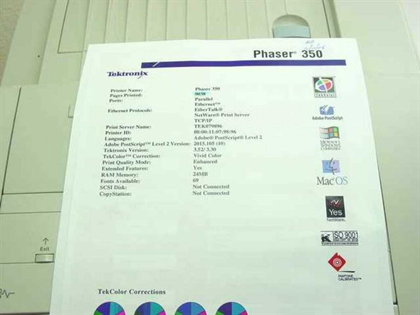Tektronix Phaser 350 printed configuration page showing Ethernet protocols, PostScript Level 2, 24MB RAM, firmware v3.30, and TekColor corrections