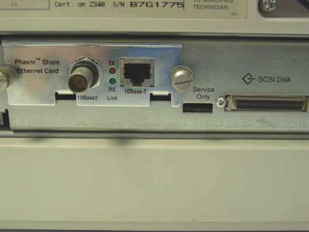 Tektronix Phaser 350 rear panel close-up showing Phaser Share Ethernet Card with 10Base2 BNC and 10Base-T RJ45 connectors, TX/RX/Link LEDs, and SCSI Disk port