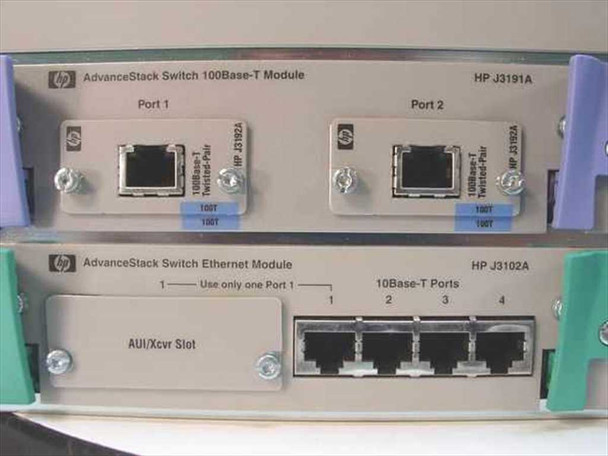 HP J3191A 100Base-T 2-Port module and HP J3102A 4-Port 10Base-T Ethernet module – close-up of RJ-45 ports