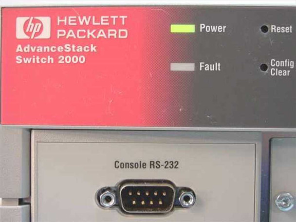 HP AdvanceStack Switch 2000 front panel detail – Power and Fault LEDs, Reset button, Console RS-232 DB-9 port