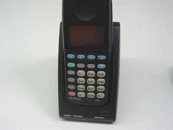 Close-up of Avaya MDW 9031 handset front panel showing amber display, full alphanumeric keypad, feature keys, and Avaya 9031 branding on cradle base