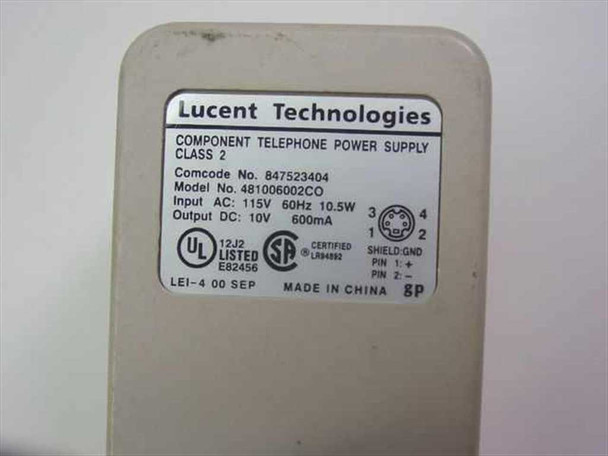 Lucent Technologies 481006002CO power supply label showing Comcode 847523404, Input AC 115V 60Hz 10.5W, Output DC 10V 600mA, Class 2, Made in China