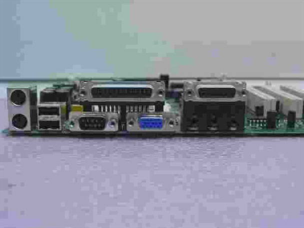 HP 303560 motherboard rear I/O panel showing PS/2 ports, USB ports, DB9 serial, DB25 parallel, and VGA connector