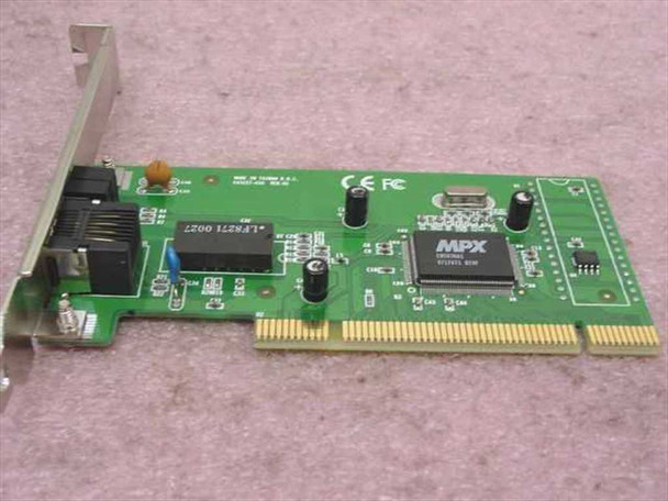HP 5184-4725 PCI Ethernet card component side showing MPX controller chip, RJ-45 port, CE/FCC marks, and Made in Taiwan marking on green PCB