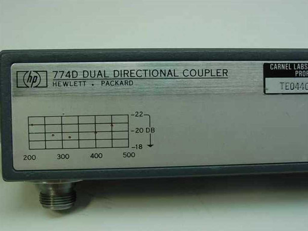 HP 774D Dual Directional Coupler – top label close-up showing Hewlett-Packard branding, model number, and -20 dB coupling chart from 200–500 MHz
