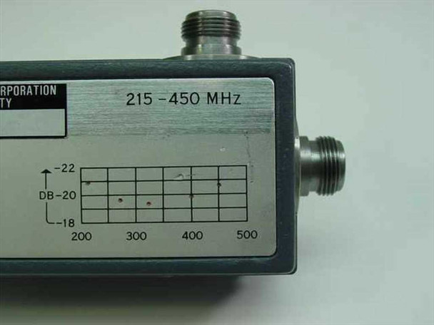 HP 774D Dual Directional Coupler – side label close-up showing 215–450 MHz frequency range marking and -20 dB coupling chart