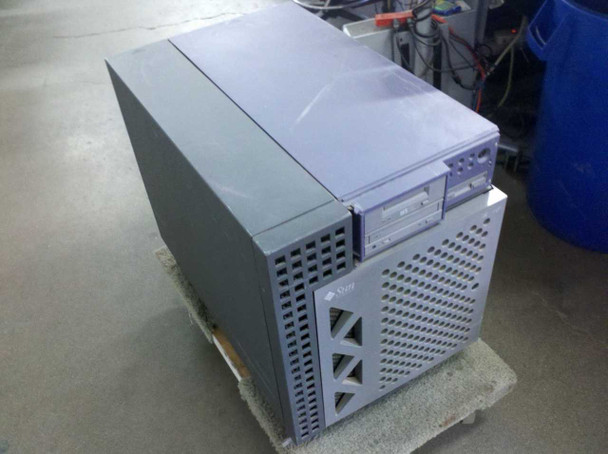 Sun Ultra Enterprise 450 tower server front view showing Sun logo badge and ventilation panel on pallet
