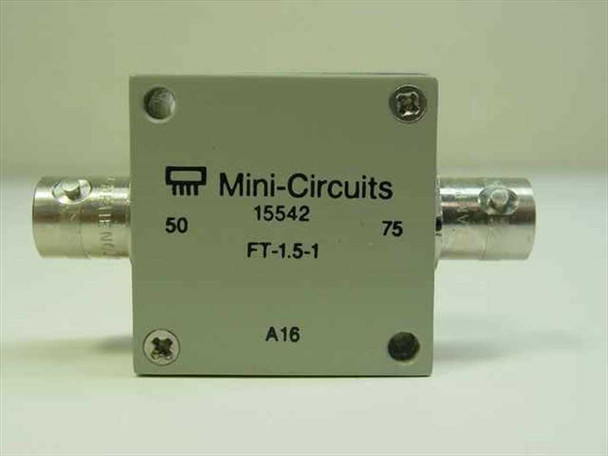 Mini-Circuits FT-1.5-1 RF transformer — top-down view of gray aluminum housing with Mini-Circuits logo, part number 15542, FT-1.5-1 model designation, A16 revision, and both BNC connectors visible