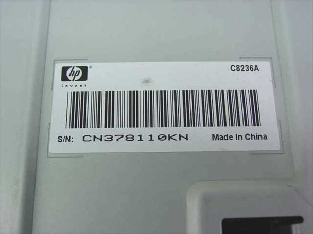 HP C8236A media tray label closeup showing part number C8236A, serial number CN378110KN, and Made in China marking