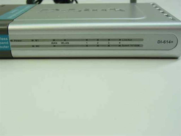 D-Link DI-614+ front panel LED indicators showing Power, WAN, WLAN, ports 1–4, Link/Act and Speed lights