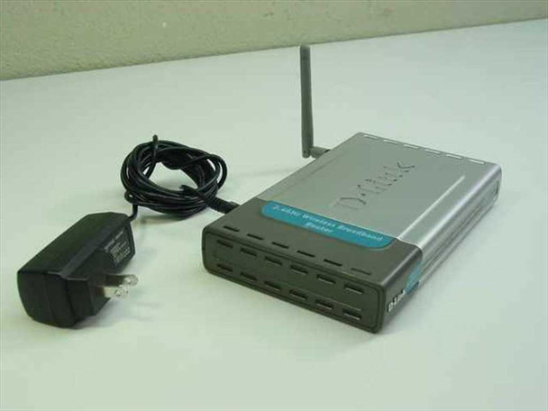 D-Link DI-614+ wireless broadband router front and top view with antenna and included power adapter