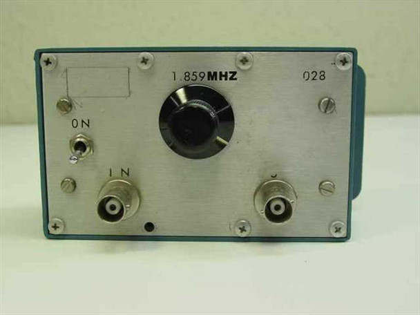 Custom 1.859 MHz band pass filter – front panel close-up showing '1.859MHZ' and '028' labels, center tuning knob, and BNC IN/OUT connectors