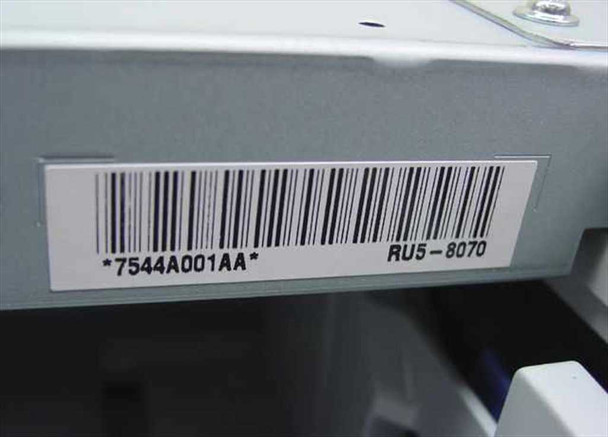 Internal label on HP R73-5034 tray showing part numbers 7544A001AA and RU5-8070