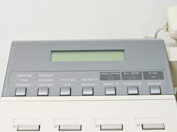 Canon LaserClass 5500 – close-up of LCD display panel showing resolution indicators (Super Fine, Fine, Standard), Type of Doc, ANS Hook Up, Change Cartridge, Rec. Paper, In Use indicators, and function buttons including Direct-TX, TTI Selector, Report