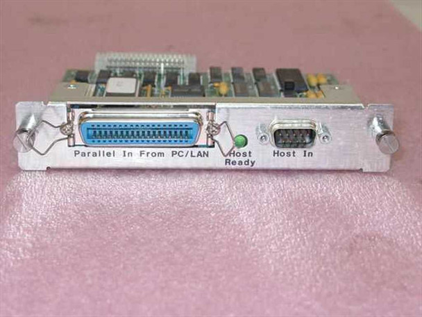 LEXImate 5250 MIO Card front bracket showing Centronics parallel port labeled Parallel In From PC/LAN, Host Ready LED, and DB-9 Host In connector