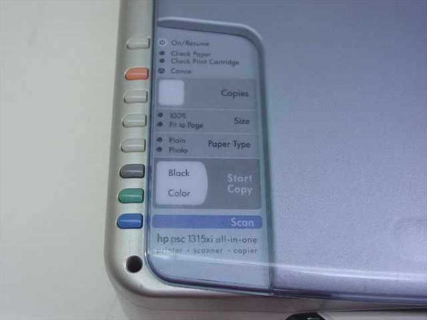 HP PSC 1315xi control panel close-up showing Copy, Size, Paper Type, Black/Color Start Copy, and Scan buttons