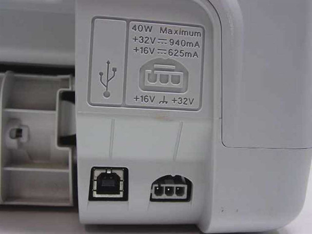 HP PSC 1315xi rear panel power rating label: 40W max, +32V 940mA, +16V 625mA, USB Type-B and power connector ports
