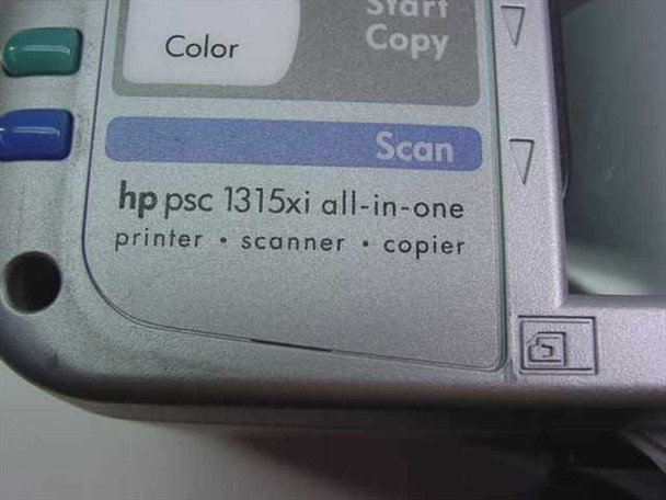 HP PSC 1315xi control panel label reading 'hp psc 1315xi all-in-one printer scanner copier' with Scan button