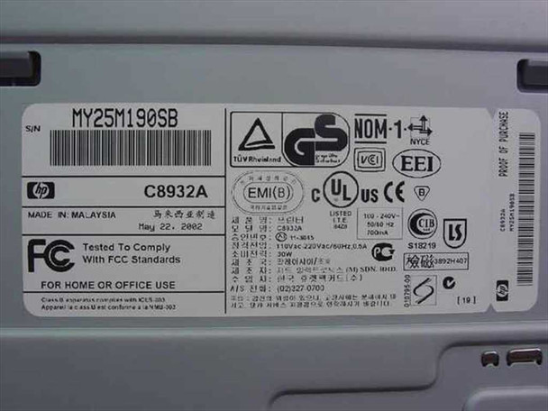HP Deskjet 960C C8932A bottom rating label showing serial number MY25M190SB, 110-240V 50/60Hz 700mA specs, UL/CE/FCC certifications, and Made in Malaysia