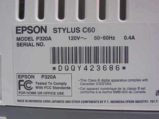 Epson Stylus C60 rating label showing Model P320A, 120V 50-60Hz 0.4A, made in Indonesia, FCC Class B