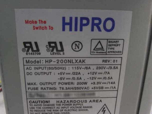 Hipro HP-200NLXAK label close-up showing model number, REV 01, AC input, DC output specs, and UL/TÜV certifications