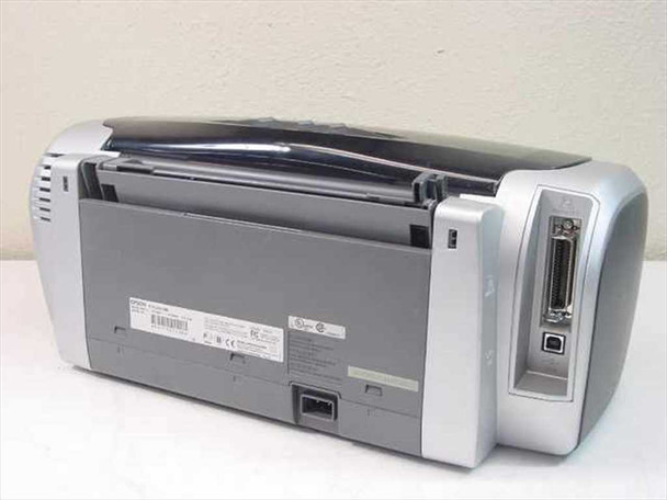 Epson Stylus C86 B251A inkjet printer – rear view showing paper output tray open, rating label, parallel port, and USB port