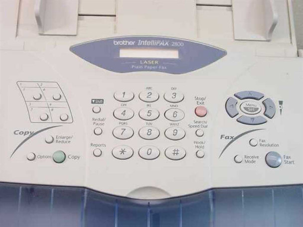 Brother IntelliFAX 2800 control panel closeup showing LASER Plain Paper Fax label, numeric keypad, Copy and Fax function buttons