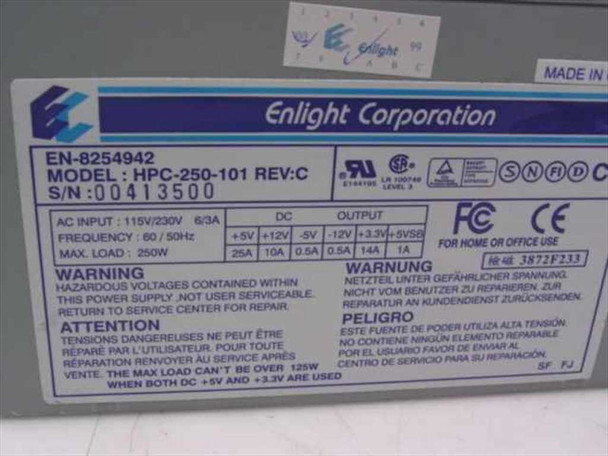 Enlight Corporation EN-8254942 HPC-250-101 Rev C label showing AC input 115V/230V, DC output ratings, and serial number