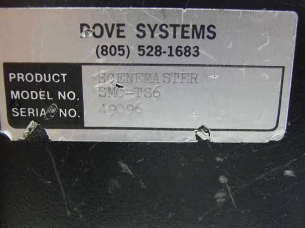 Dove Systems SMC-TS6 Scenemaster — label closeup showing product name Scenemaster, model number SMC-TS6, and serial number 49096