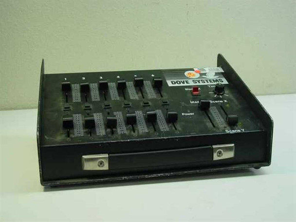 Dove Systems SMC-TS6 Scenemaster stage lighting controller — angled front view showing 6 channel faders, Scene X/Y and Master sliders, Blackout button, Timer knob, and Power indicator