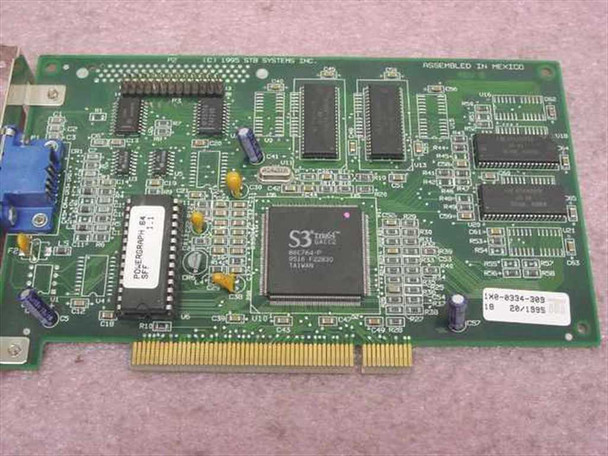 STB Systems S3 Trio64 PCI card — top PCB view showing S3 Trio64 GACC2 main controller chip, memory ICs, and 'Assembled in Mexico' marking