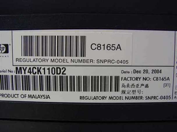 HP DeskJet 9800 C8165A bottom label close-up showing model number C8165A, serial number, manufacture date Dec 20 2004, and Product of Malaysia marking