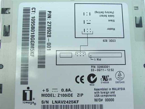 Iomega Z100iDE drive label showing part number 270928-001, Compaq P/N 270946-001, model Z100iDE, serial number, +5V 0.8A power rating, and Master/Slave/Cable Select jumper diagram