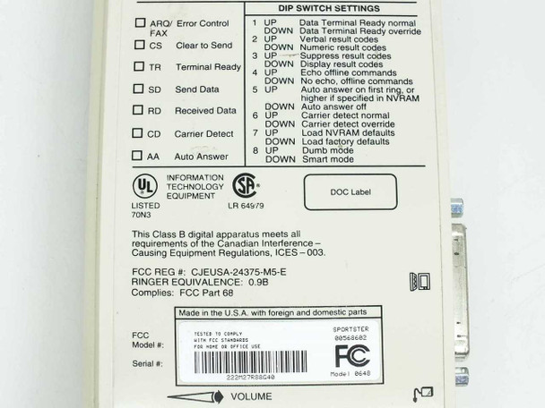 US Robotics Sportster 568602 — bottom label showing DIP switch settings, FCC registration, UL listing, model and serial number