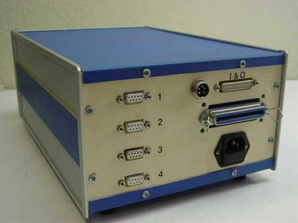 OMS MD10A controller box rear panel — four DB9 motor output connectors labeled 1–4, 5-pin DIN connector, Centronics 50-pin I/O port, and IEC AC power inlet