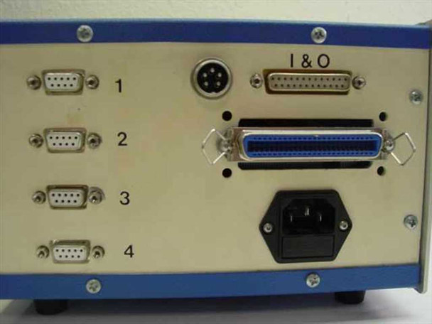Close-up of OMS MD10A controller rear panel — DB9 connectors for axes 1 through 4, 5-pin DIN, Centronics parallel I/O connector, and IEC C14 power inlet detail