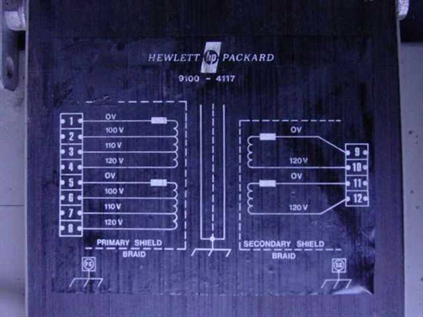 Hewlett Packard 9100-4117 wiring diagram label showing dual primary shield braid and secondary shield braid windings with voltage tap configuration