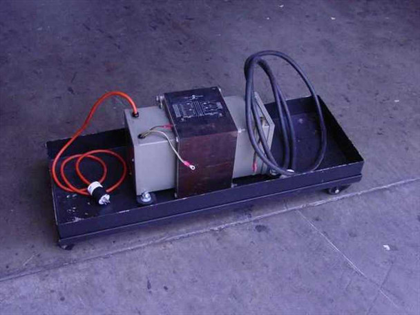 Hewlett Packard 9100-4117 5KVA doubly shielded isolation transformer mounted on a wheeled black steel dolly with orange and black output leads
