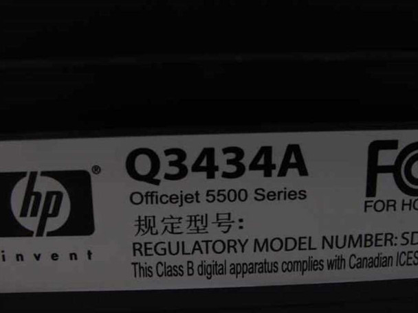 HP Officejet 5510 bottom label close-up showing model Q3434A, Officejet 5500 Series designation, and FCC marking