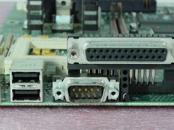 Gateway 4000253 motherboard — rear I/O panel close-up showing two stacked USB ports, DB-9 serial port, and DB-25 parallel port