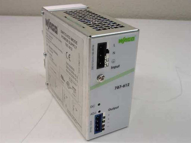 Wago 787-612 DIN rail power supply – right-side angle view showing input terminals (L, N, GND), model label, output section with DC and ADJ indicators, and blue connector installed