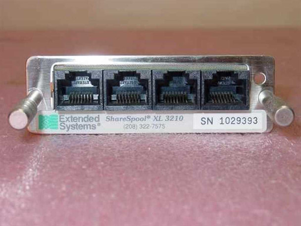 Extended Systems ShareSpool XL-3210 faceplate closeup showing four RJ-45 ports and product label with model name and serial number