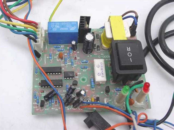 HC6038TM12 AC motor control board — PCB with relay, transformer, rocker power switch, indicator LEDs, and multi-color wiring harness