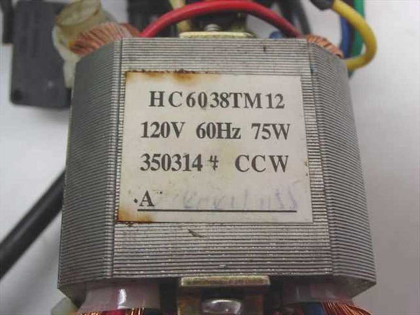HC6038TM12 motor label closeup — showing model number, 120V 60Hz 75W rating, part number 350314, CCW rotation marking