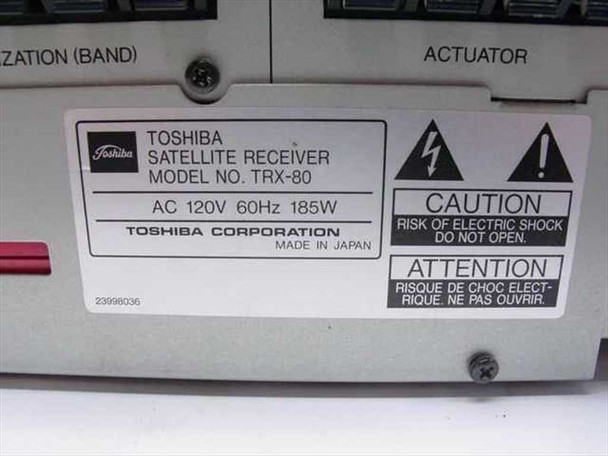 Toshiba TRX-80 rating label close-up: Model No. TRX-80, AC 120V 60Hz 185W, Toshiba Corporation, Made in Japan