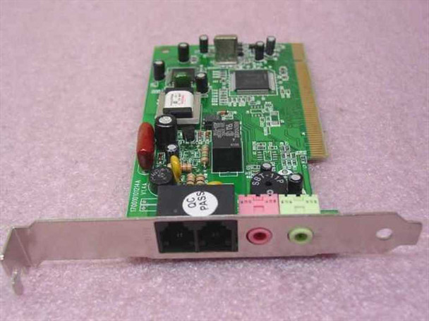 Intel DQ82536EP 56K V.92 PCI modem card – angled front view showing RJ-11 port and audio jacks on bracket