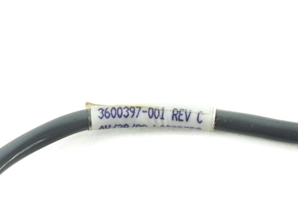 Cable label close-up showing part number 3600397-001 Rev C on gray wire harness