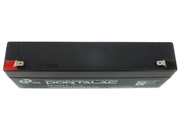 GS Portalac PE12V2.2 battery side view showing Japan Storage Battery Co. label and Mexico assembly marking