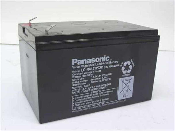 Panasonic LC-RA1212CH1 12V 12Ah valve regulated lead-acid battery — front three-quarter view showing label with model number and safety information