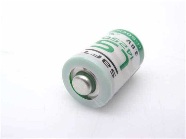 Saft LS14250 3.6V lithium battery — angled bottom view showing flat negative terminal and green label wrap